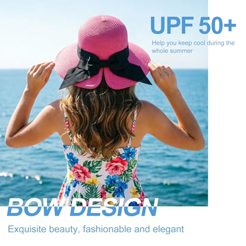DRESHOW Sun Hats for Women Travel Fedora Foldable Beach Sun Hat Summer Wide Brim Straw Bucket Hat with Bowknot UPF 50+ - color: 1 Pack With Bowknot: Fuchsia With Black Band