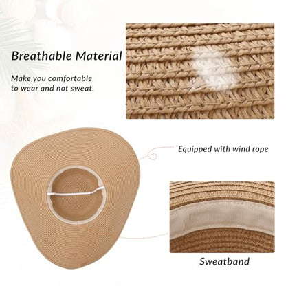Oweisong Sun Beach Hats for Women Trendy Summer Vacation Straw Hat Boho Bow Wide Brim Packable Hat - color: Khaki