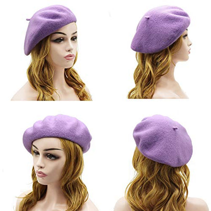 Wheebo Wool Beret Hat,Solid Color French Style Winter Warm Cap for Women Girls Lady - color: Beret Hat-lilac Color-fba