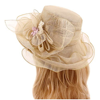 Haoohu Women's Church Derby Hat Wide Brim Bow Bucket Hat Wedding Dress Hat Fascinator Bridal Tea Party Hat - color: D-khaki