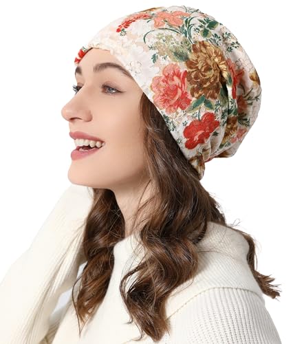 ZLYC Women Lightweight Fleece Slouchy Beanie Warm Winter Hat Chemo Headwear - color: Flower and Butterfly Beige