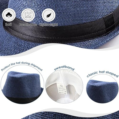 Straw Fedora Hat for Men Panama Hat Short Brim Summer Sun Hat - color: Black Belt-navy