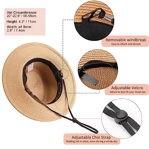 DRESHOW Women Straw Panama Hat Travel Fedora Beach Sun Hat Summer Wide Brim Straw Roll up Hat UPF 50+ - color: Z Panama Straw Hat: Brown B