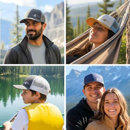 LINDO Trucker Hat [ Great Outdoors Design ] for Men and Women: Mid Profile Cap with Breathable Mesh Back and Adjustable Snap - color: Black/Graphite
