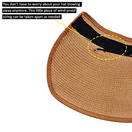 Women Sun Visors Foldable Straw Hats Summer Beach Packable Hat Floppy Wide Brim Cap Deep Style, Adjustable Size - color: Khaki+beige