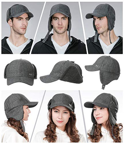 TOP-EX Oversized XL/XXL Unisex Wool Blend Winter Trapper Hat Baseball Cap Fleece Earflaps Fleece Lined - color: Grey(fleece), size: Medium