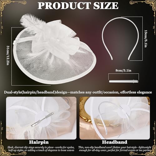Fascinators Hats for Women Tea Party Hat Vintage Feather Mesh Headband Hair Clip Flower Headwear for Wedding Cocktail Church - color: White