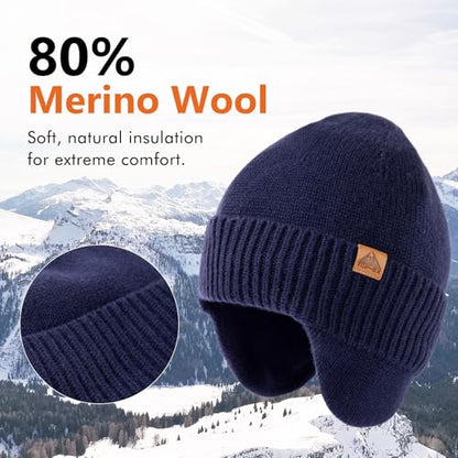 TOP-EX DryKnit™ 80% Merino Wool Waterproof Ear Flap Beanie M/L/XL - color: Blue, size: Medium-Large