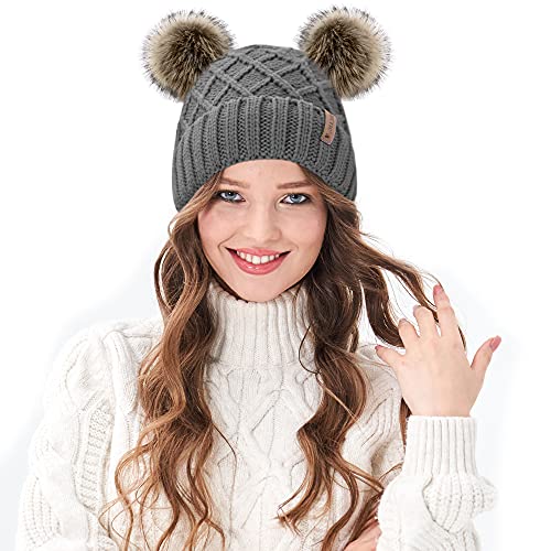 Arctic Paw Womens Winter Hat Cable Knit Beanie for Women Faux Fur Pompom Ears - color: Grey_grid