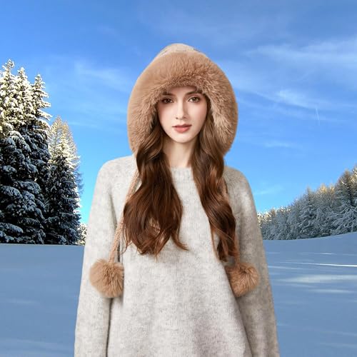 Women Winter Sherpa Beanie Hats Knit Ear Flap Hat Fleece Lined - color: Khaki With 3 Pompoms