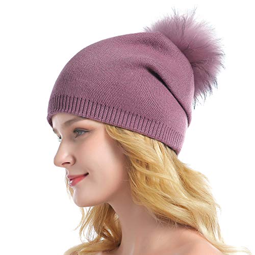 Women Knit Wool Beanie - Winter Fashion Solid Wool Hats Real Removable Raccoon Fur Pom Pom Warm Ski Beanie - color: 09- Cameo