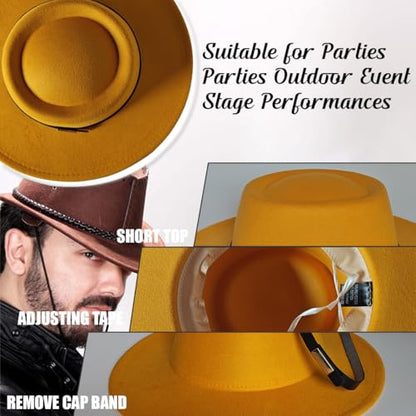 Fedora Hat for Men and Women, Wide Brim Flat Top Cap - color: Yellow