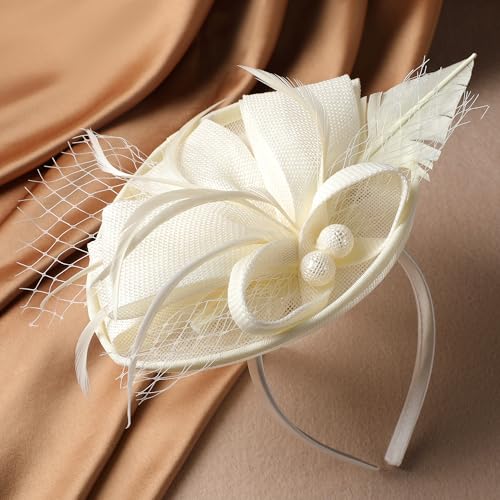 Zinniday Fascinator Tea Party Hat - 2026 Derby Pillbox Kentucky Hat for Women (7.87x5.9inch) - color: Off-white
