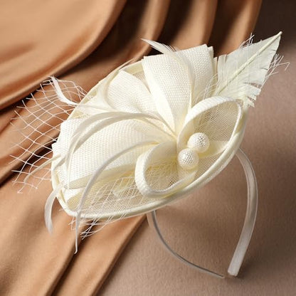 Zinniday Fascinator Tea Party Hat - 2026 Derby Pillbox Kentucky Hat for Women (7.87x5.9inch) - color: Off-white