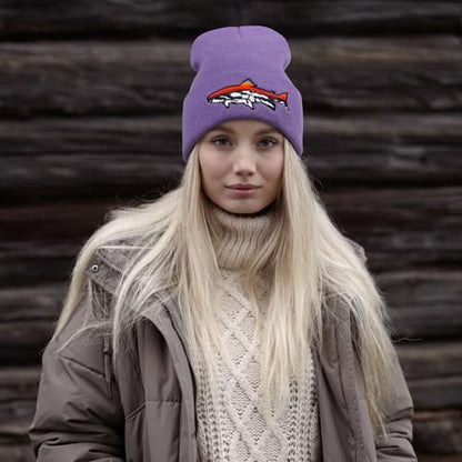 Knit Winter Beanie Hats for Men Women Cuffed Skull Cap with Mountain Embroidery Outdoor Christmas & New Year Gifts - color: Fish/Lavender