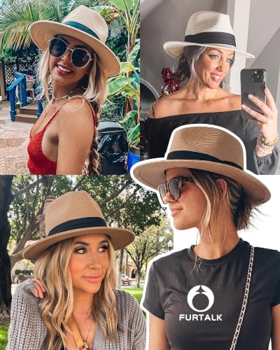 FURTALK Womens Mens Wide Brim Straw Panama Hat Fedora Summer Beach Sun Hat - color: Khaki, size: Medium-Large
