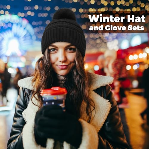 Women's Knitted Beanie Hat Gloves Set Winter Pom Pom Cable Knit Hat with Warm Stretchy Gloves for Women - color: Black