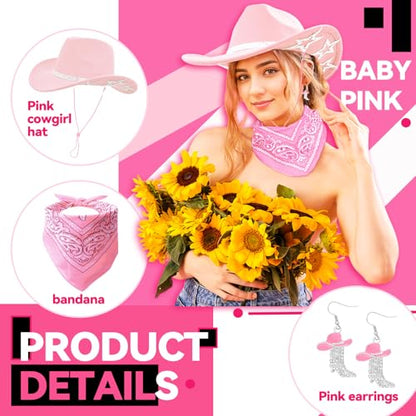 SHENYI Cowgirl Hat and Bandana and Heart Sunglasses Glitter Rhinestone Star Cowboy Hat Western Sparkly Hats for Women Men - color: Cowgirl Pink