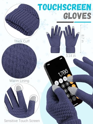 LOROME Winter Beanie Hat Scarf Gloves, Warm Fleece Knit Neck Scarf Set Gift - color: Denim Blue
