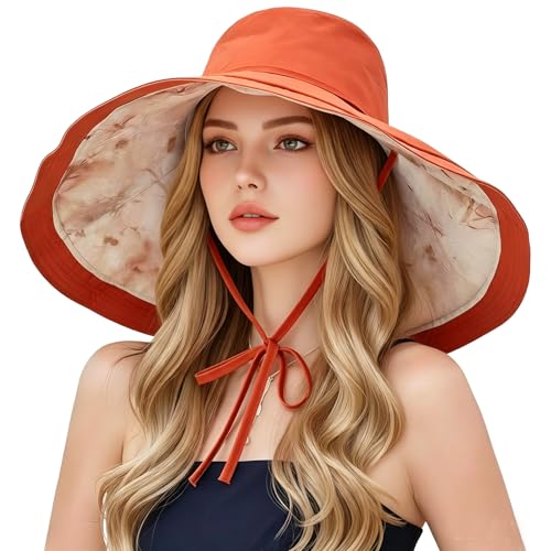 HUAMULAN Women Wide Brim Reversible Sun Hat Summer Beach Fishing Bucket - color: Orange