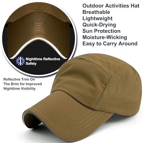 Lightweight Running Hat Breathable Mesh Cap Reflective Brim - color: Khaki, size: One Size