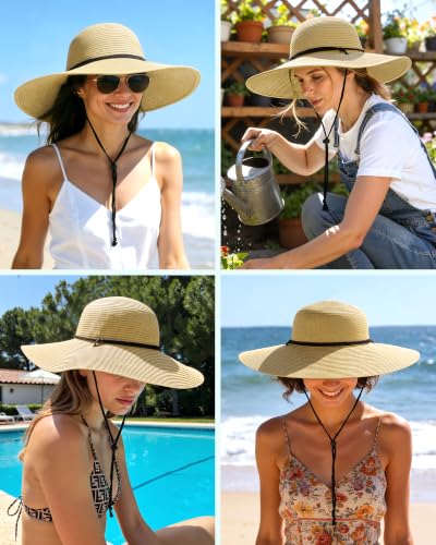 Sun Hats for Women, Summer Wide Brim Straw Beach Hat - color: Beige, size: X-Large