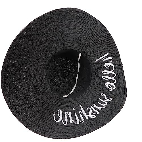 DRESHOW Big Straw Sun Hats for Women Floppy Foldable Roll up Beach Cap Sun Hat UPF 50+ Vacation Honeymoon Embroidered Hat - color: Ae Hello Sunshine A: Black