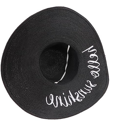 DRESHOW Big Straw Sun Hats for Women Floppy Foldable Roll up Beach Cap Sun Hat UPF 50+ Vacation Honeymoon Embroidered Hat - color: Ae Hello Sunshine A: Black