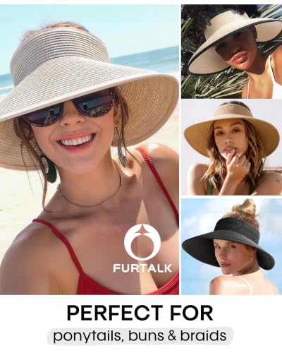 FURTALK Sun Hats for Women Wide Brim Ponytail Straw Visor Foldable Beach - color: Khaki+black