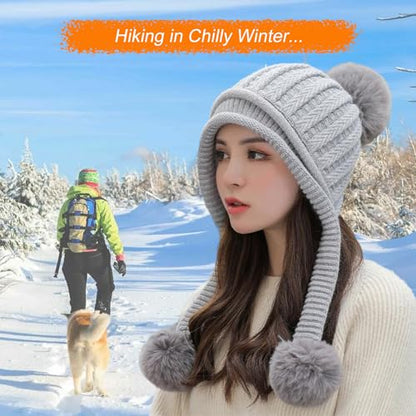 HUAMULAN Women Winter Knit Beanie Hat Circle Scarf Set Pompoms Ear Flaps - color: Gray Solid