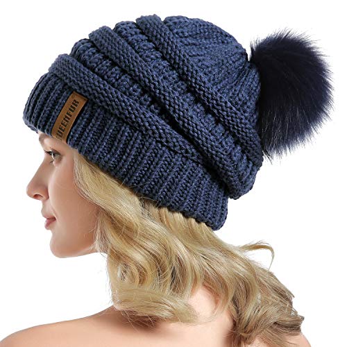 Women Knit Slouchy Beanie Chunky Baggy Hat with Faux Fur Pompom Winter Soft Warm Ski Cap - color: E4-denim Blue