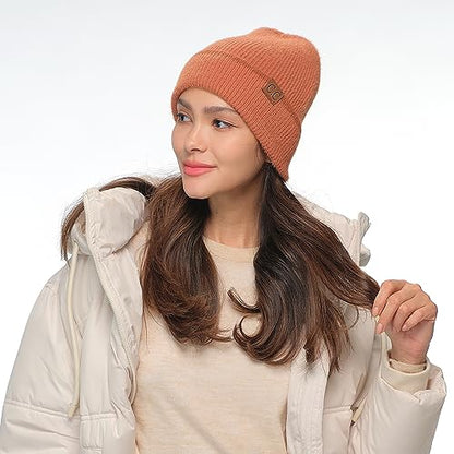 C.C Fuzzy Beanie for Women Unisex - Acrylic Stretchable Soft Warm Knit Winter Skully Hat - color: Feather Yarn-rust