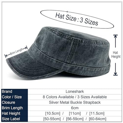 Loneshark Washed Cotton Military Hat Cadet Cap Army Flat Top Basic Everyday - color: Darkgrey, size: X-Small-Small
