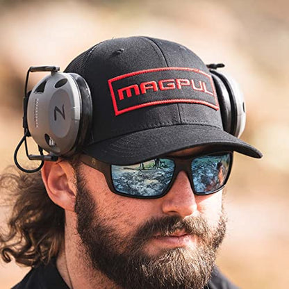 Magpul Trucker Hat Snap Back Baseball Cap, One Size Fits Most - color: Wordmark Patch Black/Red