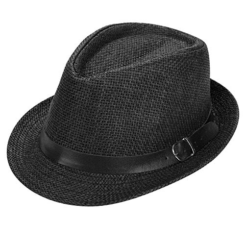 Straw Fedora Hat for Men Women Short Brim Trilby Hat Packable Roll Up Panama Jazz Cap Summer Beach Sun Cap - color: Black