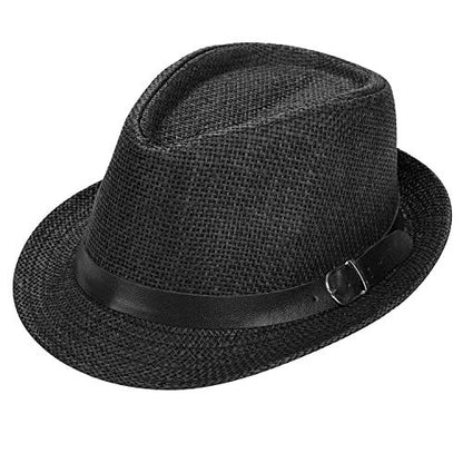 Straw Fedora Hat for Men Women Short Brim Trilby Hat Packable Roll Up Panama Jazz Cap Summer Beach Sun Cap - color: Black
