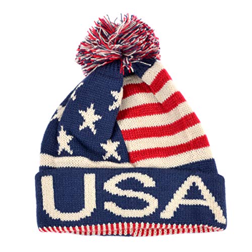 USA Winter Hat - Knit, Cuffed Beanie with Pom Pom, USA Flag Design, Warm Fun for Cold Days - size: Large-X-Large