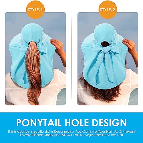 Womens Sun Hat UV Protection, Foldable Waterproof Wide Brim Bucket Hats with Neck Flap for Summer Beach Fishing Hiking - color: Sky Blue