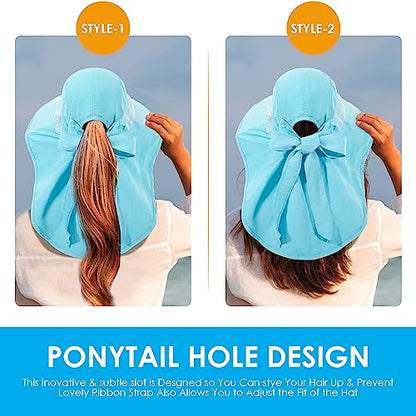 Womens Sun Hat UV Protection, Foldable Waterproof Wide Brim Bucket Hats with Neck Flap for Summer Beach Fishing Hiking - color: Sky Blue