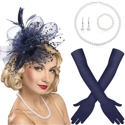 Yaomiao 5 Pcs 1920s Tea Party Accessories Fascinator Hat Gloves - color: Navy Blue