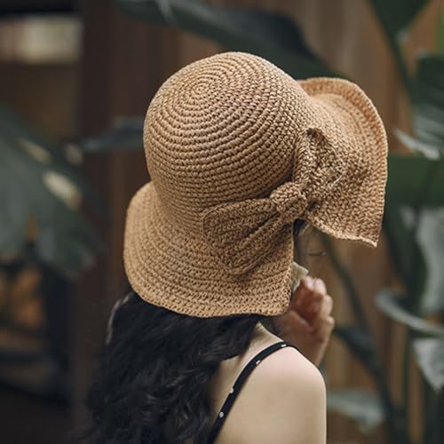 Foldable Wide Brim Floppy Straw Beach Sun Hat,Summer Bucket Cap with Bowknot for Women Girls - color: Khaki