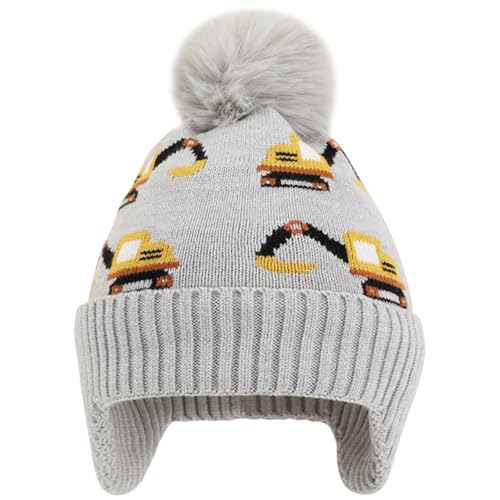 Kids Beanie with Ear Flaps for Boys Girls Pom-pom Knit Hats Warm Fleece Lining Winter Outdoor Skull Snow Ski Cap - color: Gray