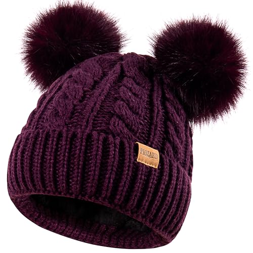 Women's Winter Hat Soft Knit Beanie with Faux Fur Pom Hat with Warm Fleece Lining Skull Cap for Women - color: Purple