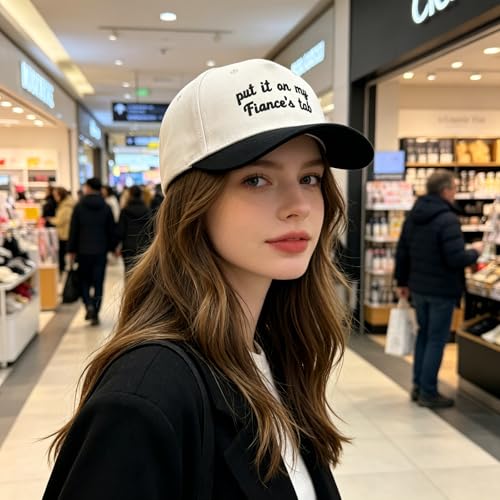 Funny Embroidered Trucker Hat, Vintage Two-Tone Cotton Baseball Cap for Men Women, Adjustable Dad Hat Gift Idea - color: Put It on My Fiance's Tab, Black/Beige