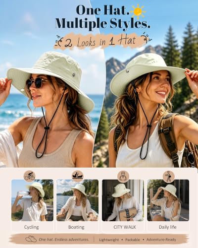 Wide Brim Waterproof Bucket Rain Hat for Women Men UPF50+ Cowboy Sun Hat - color: Ivory White