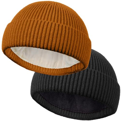 ROYBENS Short Wool Fisherman Beanie for Men Women Knit Fleece Lined Beanies - color: 2pcs-black+camel