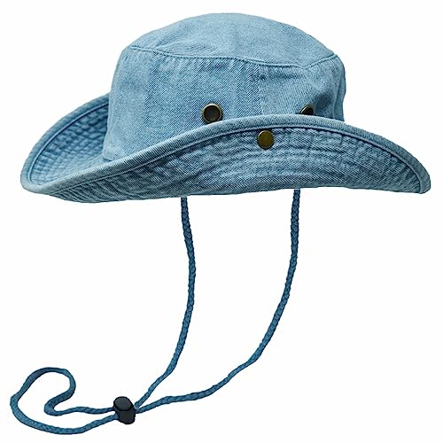 Glory Max Washed Cotton Bucket Hat with Chin Strap Fishing Sun Safari Boonie Cap - color: Denim Blue, size: Small-Medium