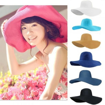Wide Brim Roll-up Big Beautiful Solid Color Floppy Hat - color: Purple