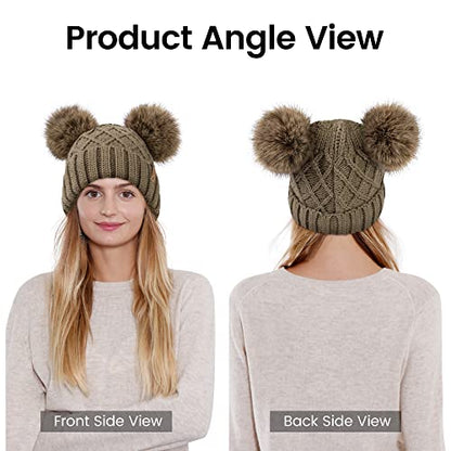 Arctic Paw Womens Winter Hat Cable Knit Beanie for Women Faux Fur Pompom Ears - color: Khaki Hat Coffee Ball