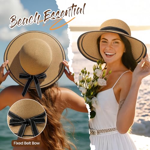 Beach Hats for Women, Wide Brim Sun Straw Hat for Women, Sun Hat UPF 50+ UV Protection - color: Brown Hat